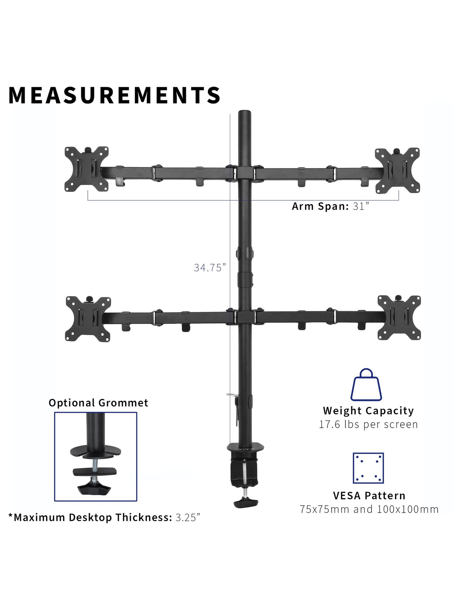 VIVO Quad 13 to 30 inch LCD Monitor Desk Mount, Fully Adjustable Stand with Tilt and Swivel, Holds 4 Screens with Max VESA 100x100, STAND-V004