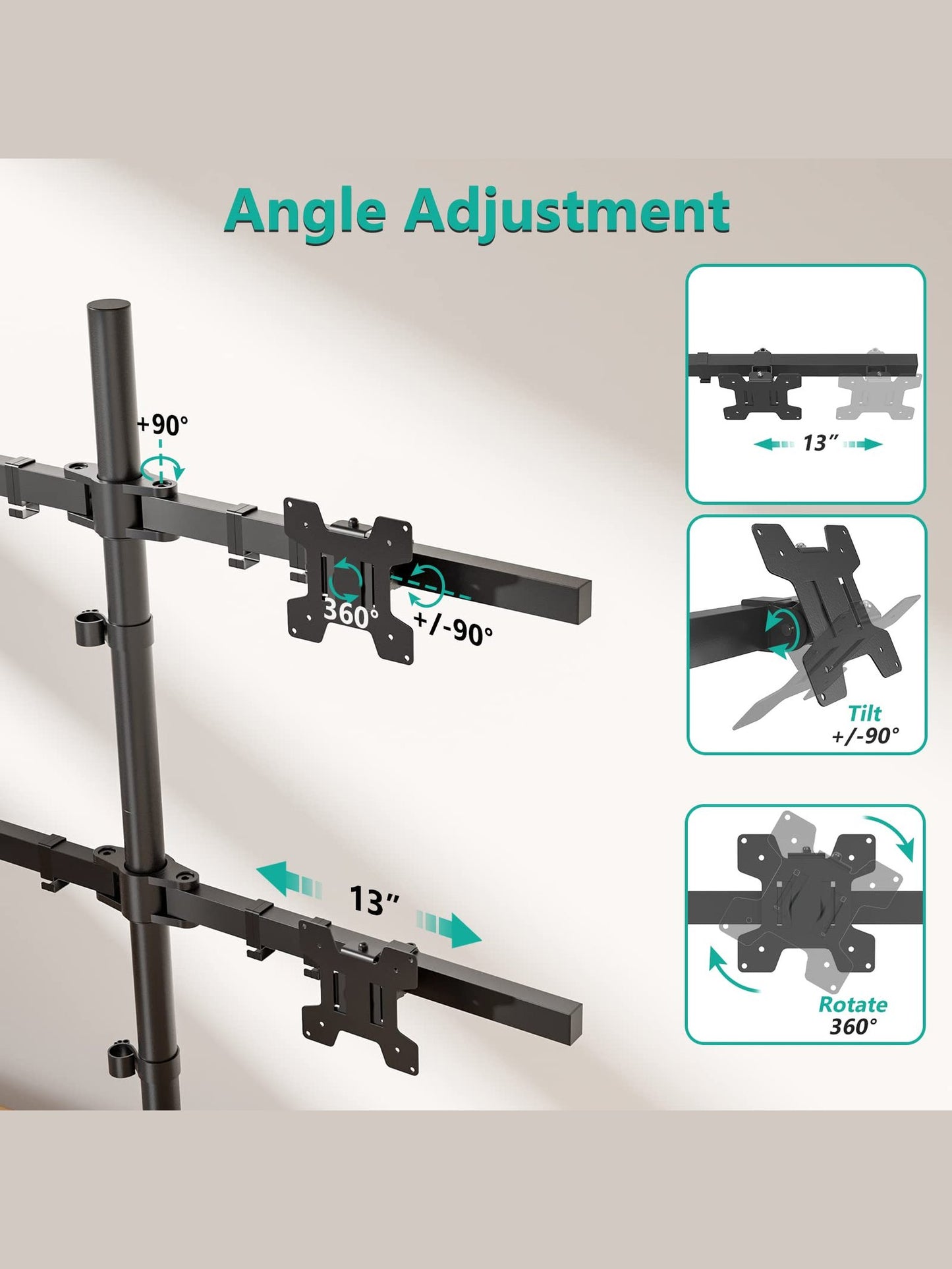 WALI Freestanding Quad Monitor Mount for 17-27 Inch Screens, Fully Adjustable 4 Monitor Stand with Swivel, Tilt, Rotation, Glass Base, Max Load 22 lbs per Arm (GMF004), Black