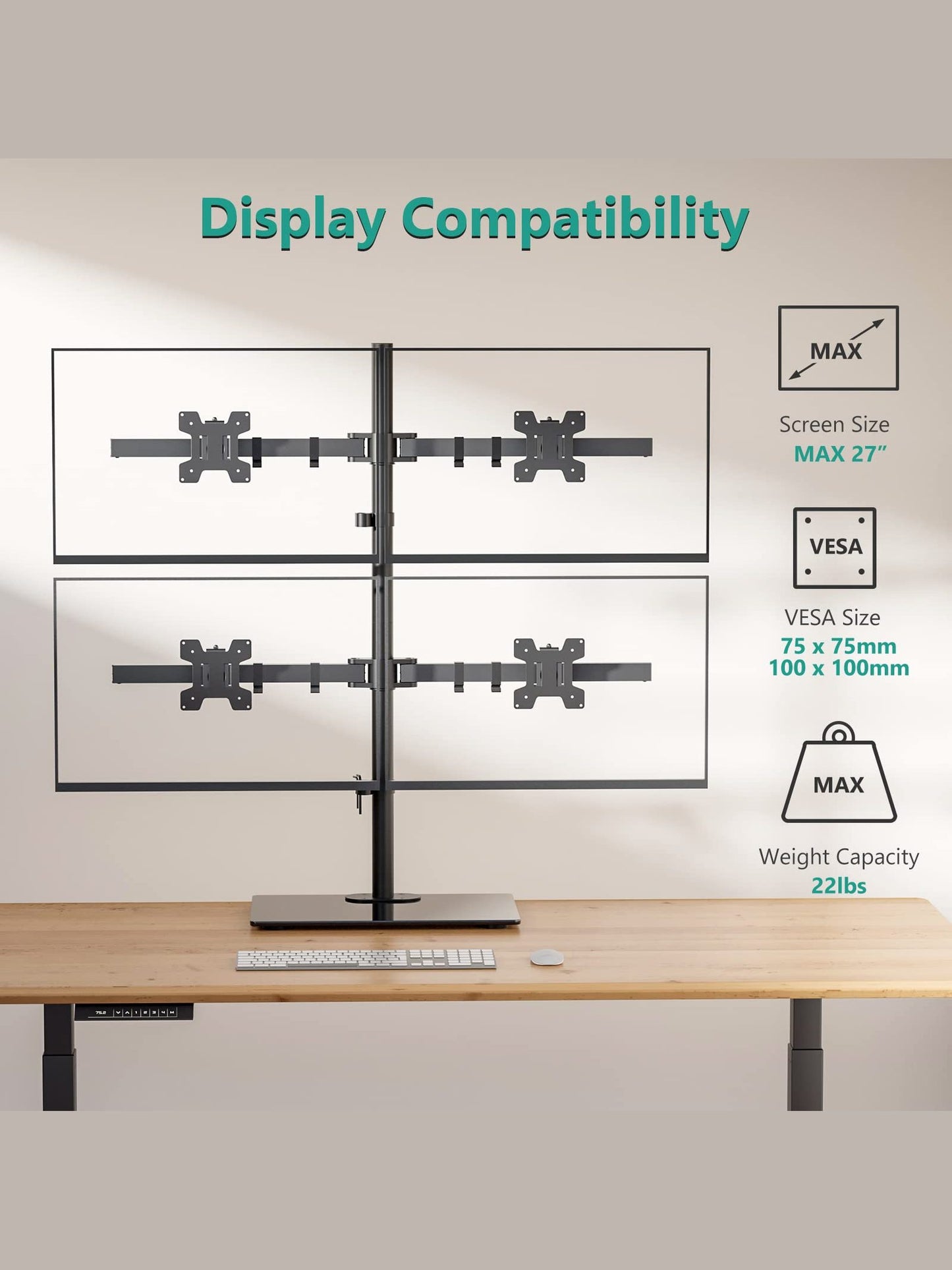 WALI Freestanding Quad Monitor Mount for 17-27 Inch Screens, Fully Adjustable 4 Monitor Stand with Swivel, Tilt, Rotation, Glass Base, Max Load 22 lbs per Arm (GMF004), Black