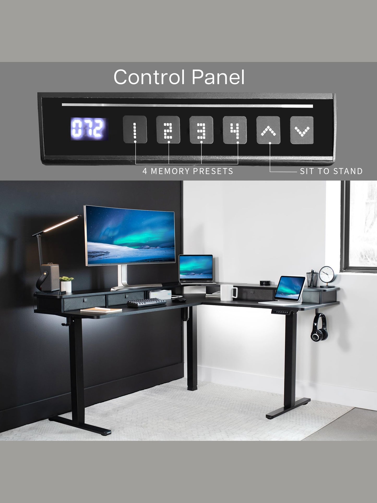VIVO Electric 2-Tier Corner L-Shaped 63 x 55 inch Standing Desk, Height Adjustable, Memory Controller, Black Top Black Frame, Dark Gray Drawers, DESK-E3CVB
