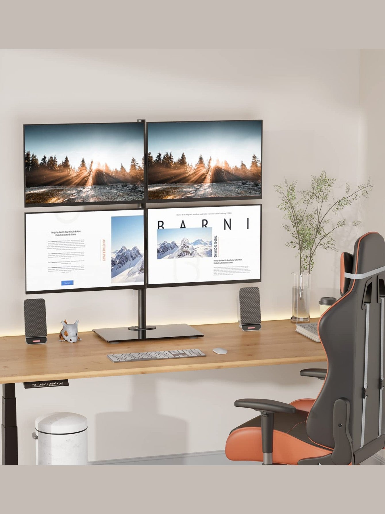 WALI Freestanding Quad Monitor Mount for 17-27 Inch Screens, Fully Adjustable 4 Monitor Stand with Swivel, Tilt, Rotation, Glass Base, Max Load 22 lbs per Arm (GMF004), Black