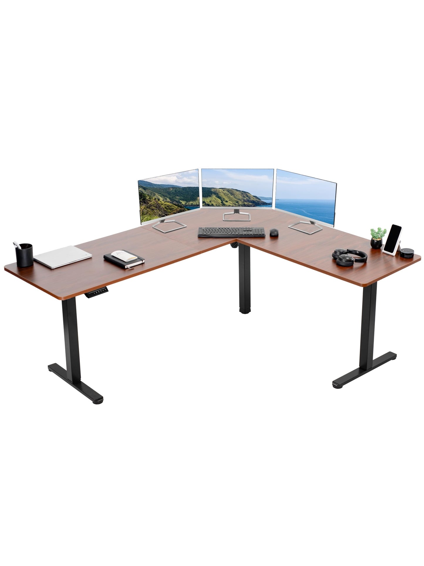 VIVO Electric Corner L-Shaped 75 x 63 inch Standing Desk, Height Adjustable, Memory Controller, Dark Walnut Top Black Frame, DESK-E3CTD-75