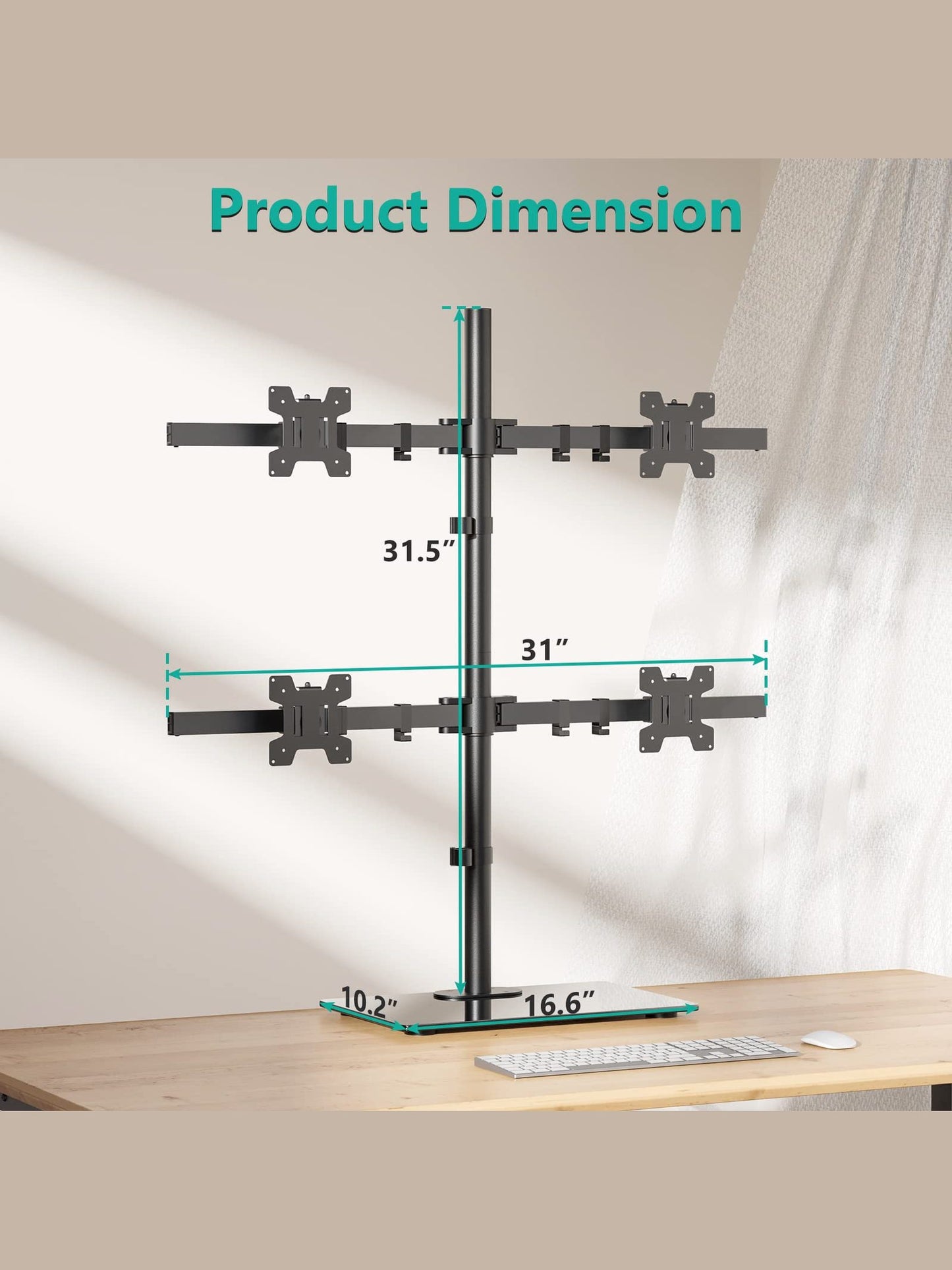 WALI Freestanding Quad Monitor Mount for 17-27 Inch Screens, Fully Adjustable 4 Monitor Stand with Swivel, Tilt, Rotation, Glass Base, Max Load 22 lbs per Arm (GMF004), Black