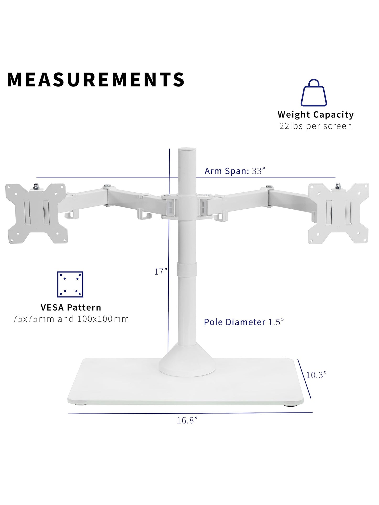 VIVO Freestanding Dual Monitor Stand with Sleek Glass Base and Adjustable Arms, Mounts 2 Screens up to 32 inch and 22 lbs Each, White, STAND-V002FGW
