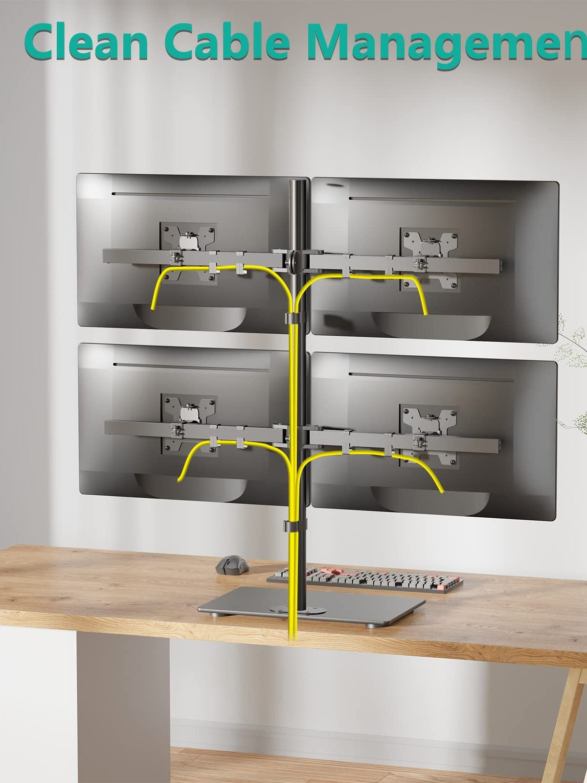 WALI Freestanding Quad Monitor Mount for 17-27 Inch Screens, Fully Adjustable 4 Monitor Stand with Swivel, Tilt, Rotation, Glass Base, Max Load 22 lbs per Arm (GMF004), Black