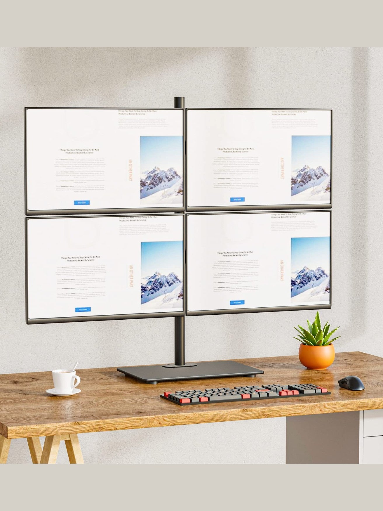 WALI Freestanding Quad Monitor Mount for 17-27 Inch Screens, Fully Adjustable 4 Monitor Stand with Swivel, Tilt, Rotation, Glass Base, Max Load 22 lbs per Arm (GMF004), Black