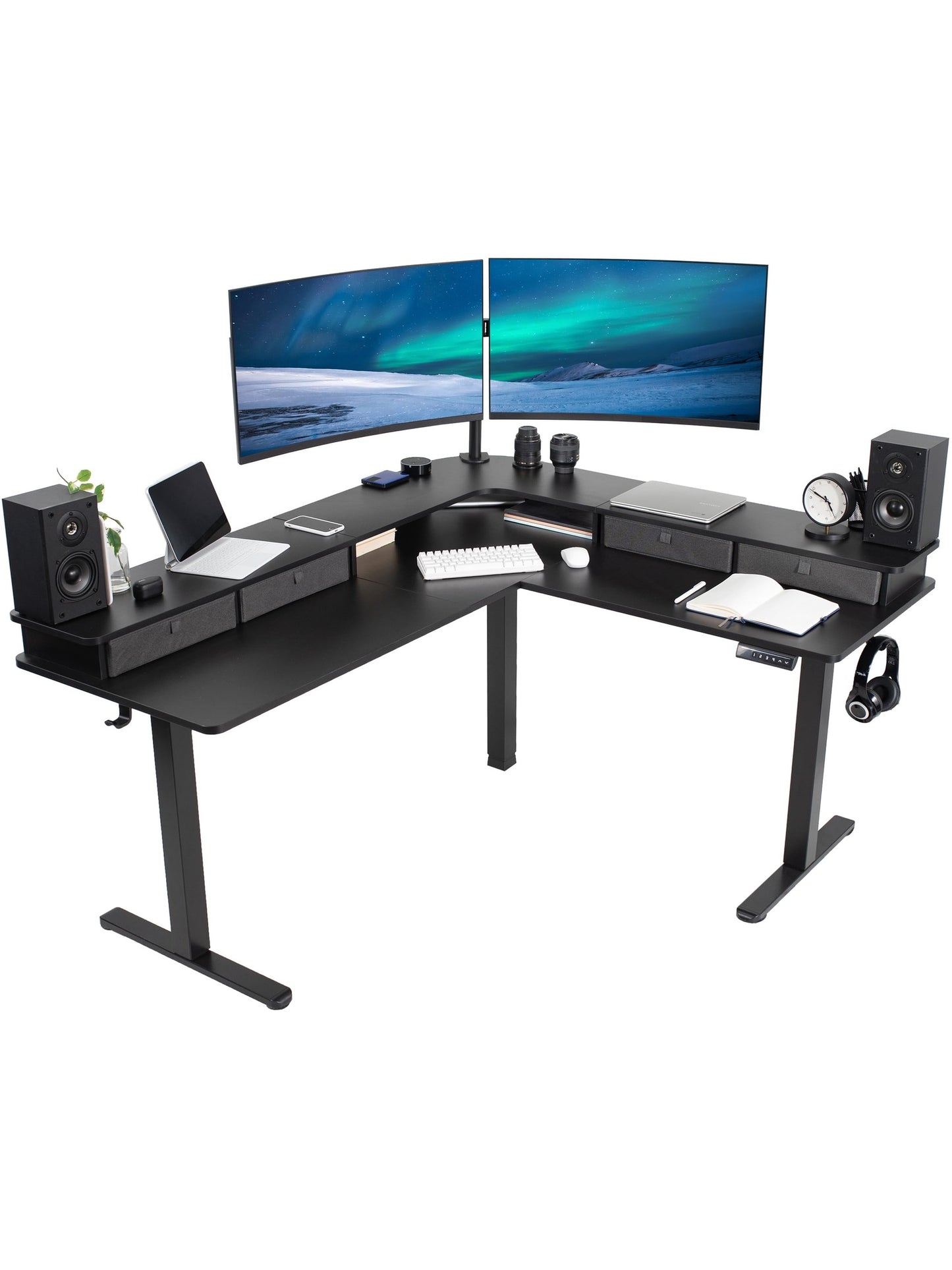 VIVO Electric 2-Tier Corner L-Shaped 63 x 55 inch Standing Desk, Height Adjustable, Memory Controller, Black Top Black Frame, Dark Gray Drawers, DESK-E3CVB