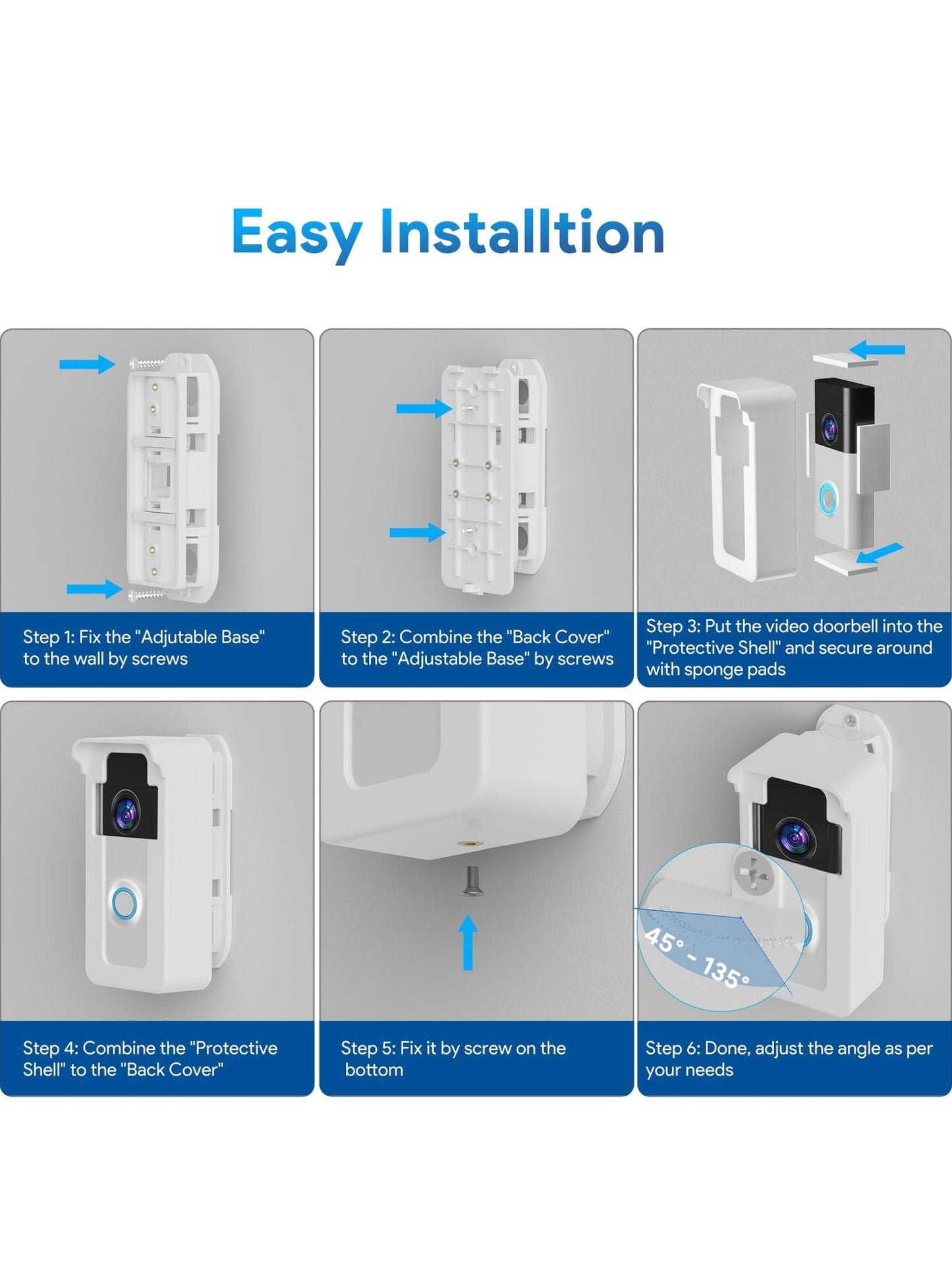 Anti-Theft Doorbell Angle Mount Compatible with Ring/Blink Video Doorbell 1 2 3 Plus 4 Pro 2, Outdoor Camera Mount Holder 45-135 Degree Adjustable, Doorbell Door Mount for Apartments, White
