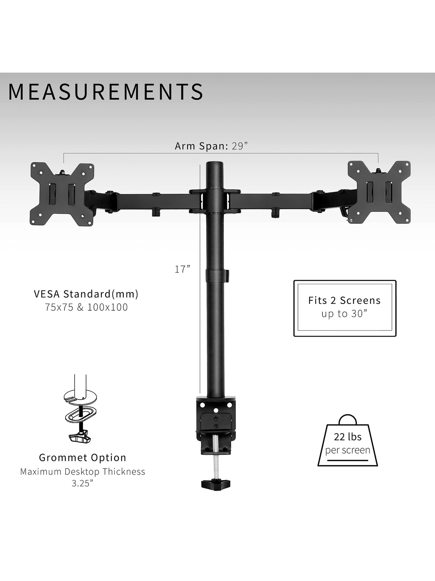VIVO Dual Monitor Desk Mount, Heavy Duty Fully Adjustable Steel Stand, Holds 2 Computer Screens up to 30 inches and Max 22lbs Each, Black, STAND-V002