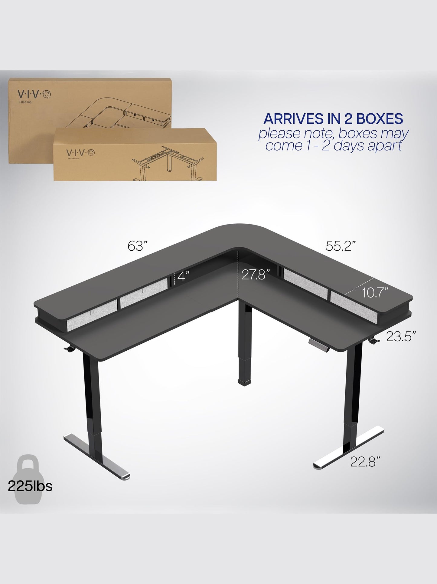 VIVO Electric 2-Tier Corner L-Shaped 63 x 55 inch Standing Desk, Height Adjustable, Memory Controller, Black Top Black Frame, Dark Gray Drawers, DESK-E3CVB