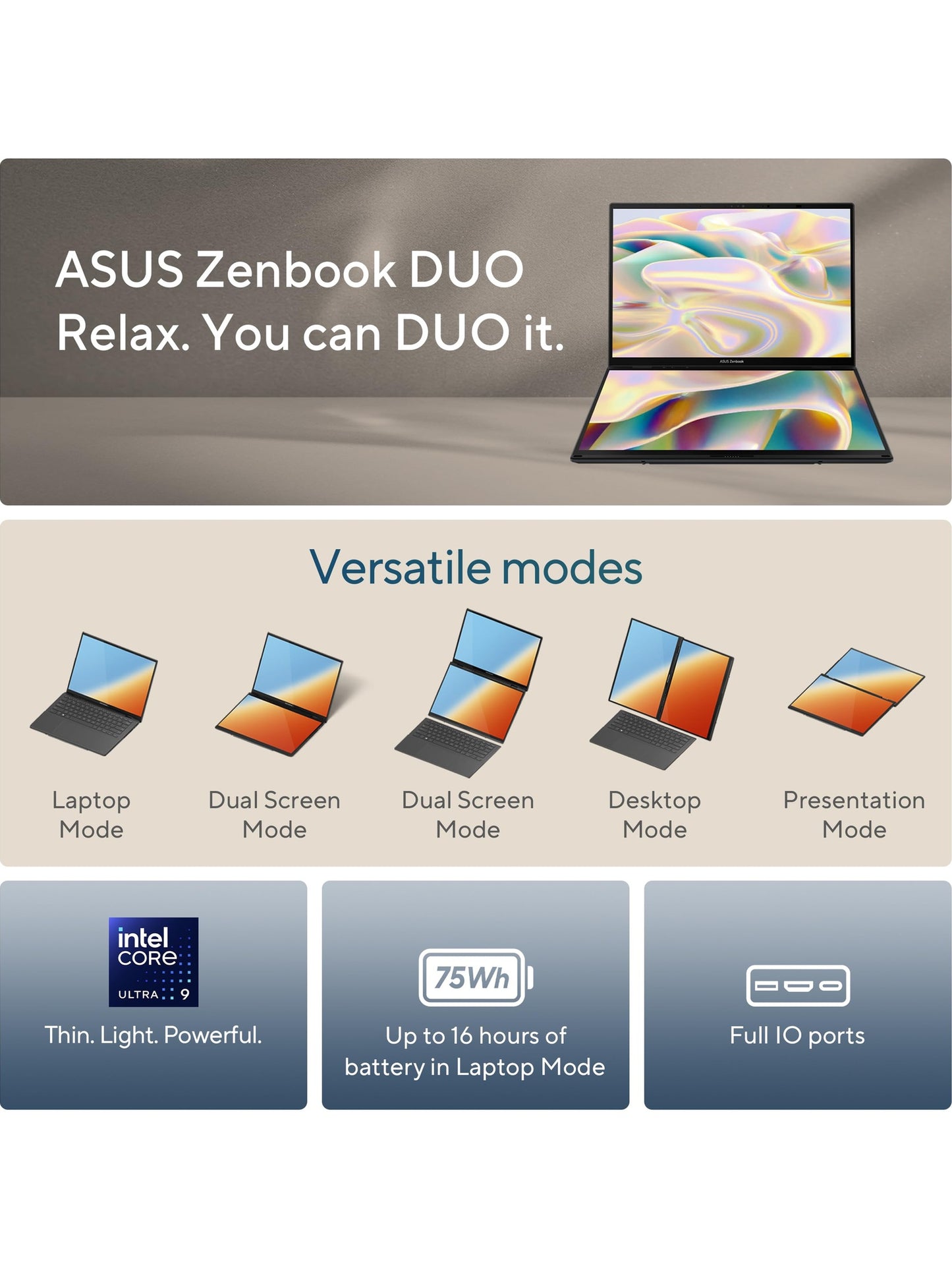 ASUS Zenbook DUO Dual 14" OLED 3K 120Hz Touchscreen Laptop Intel Core Ultra 9 285H 32GB RAM 1TB SSD Inkwell Gray