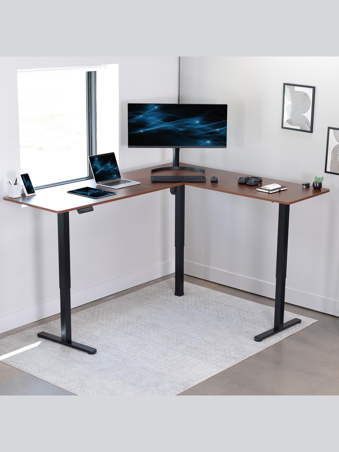 VIVO Electric Corner L-Shaped 75 x 63 inch Standing Desk, Height Adjustable, Memory Controller, Dark Walnut Top Black Frame, DESK-E3CTD-75