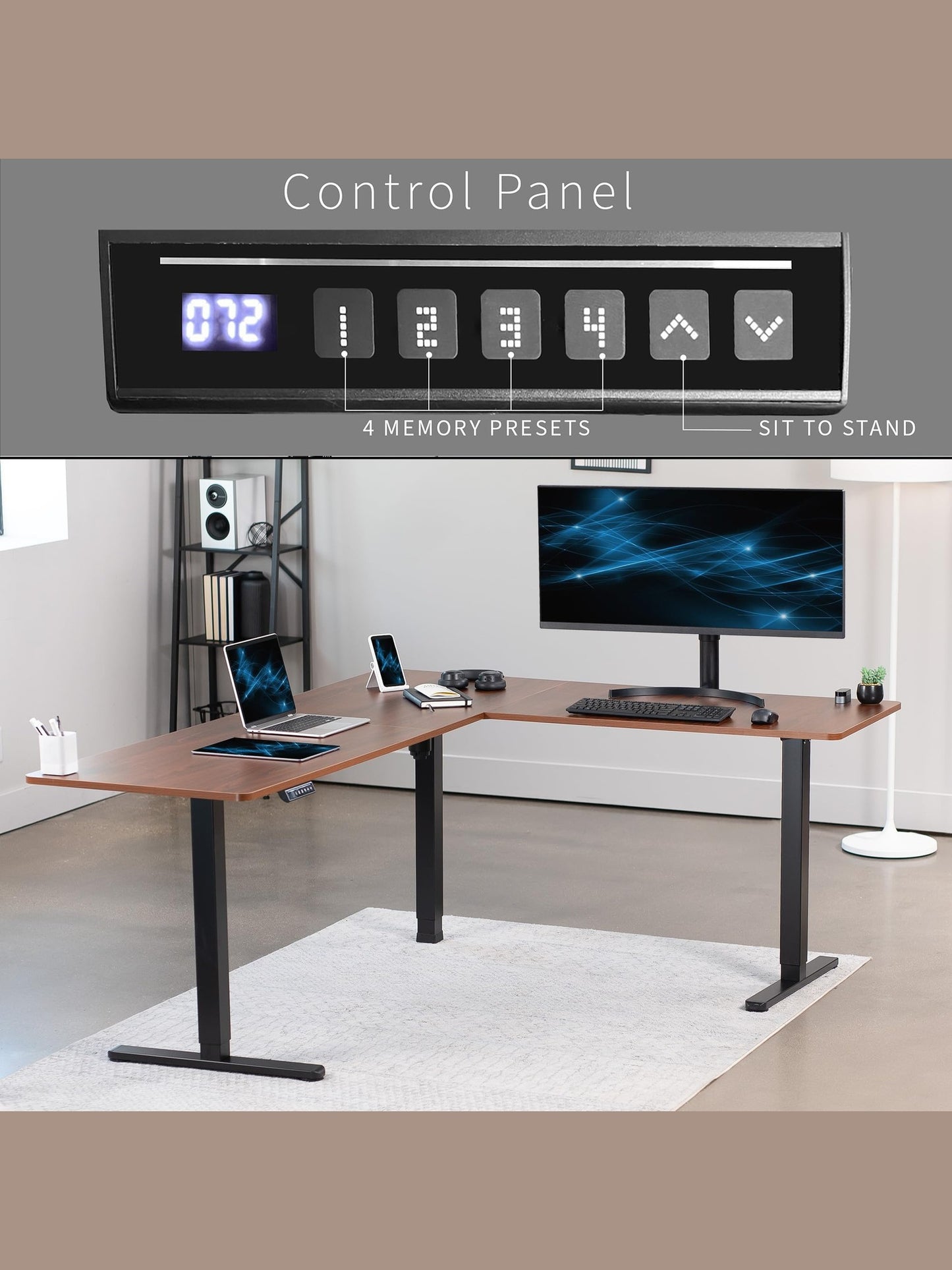 VIVO Electric Corner L-Shaped 75 x 63 inch Standing Desk, Height Adjustable, Memory Controller, Dark Walnut Top Black Frame, DESK-E3CTD-75