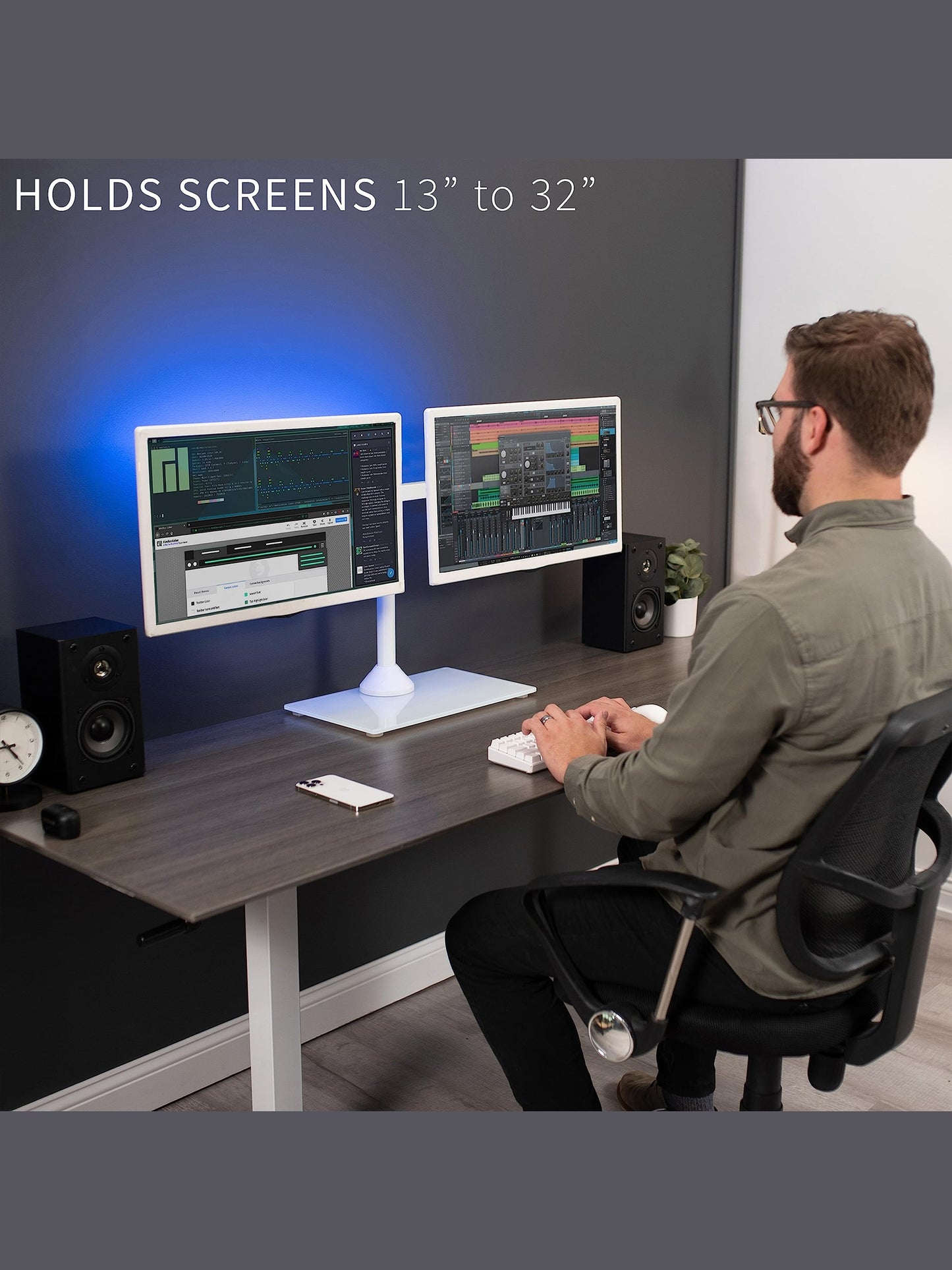 VIVO Freestanding Dual Monitor Stand with Sleek Glass Base and Adjustable Arms, Mounts 2 Screens up to 32 inch and 22 lbs Each, White, STAND-V002FGW
