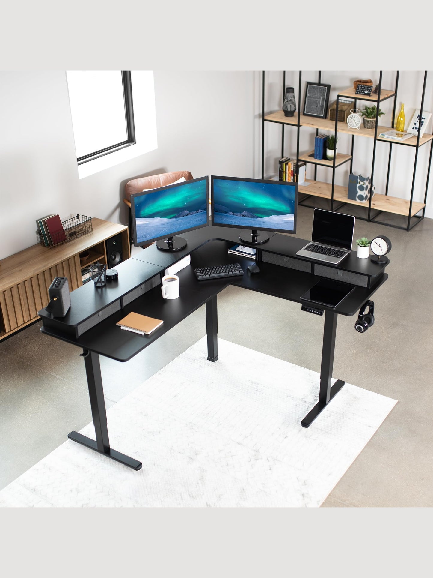 VIVO Electric 2-Tier Corner L-Shaped 63 x 55 inch Standing Desk, Height Adjustable, Memory Controller, Black Top Black Frame, Dark Gray Drawers, DESK-E3CVB