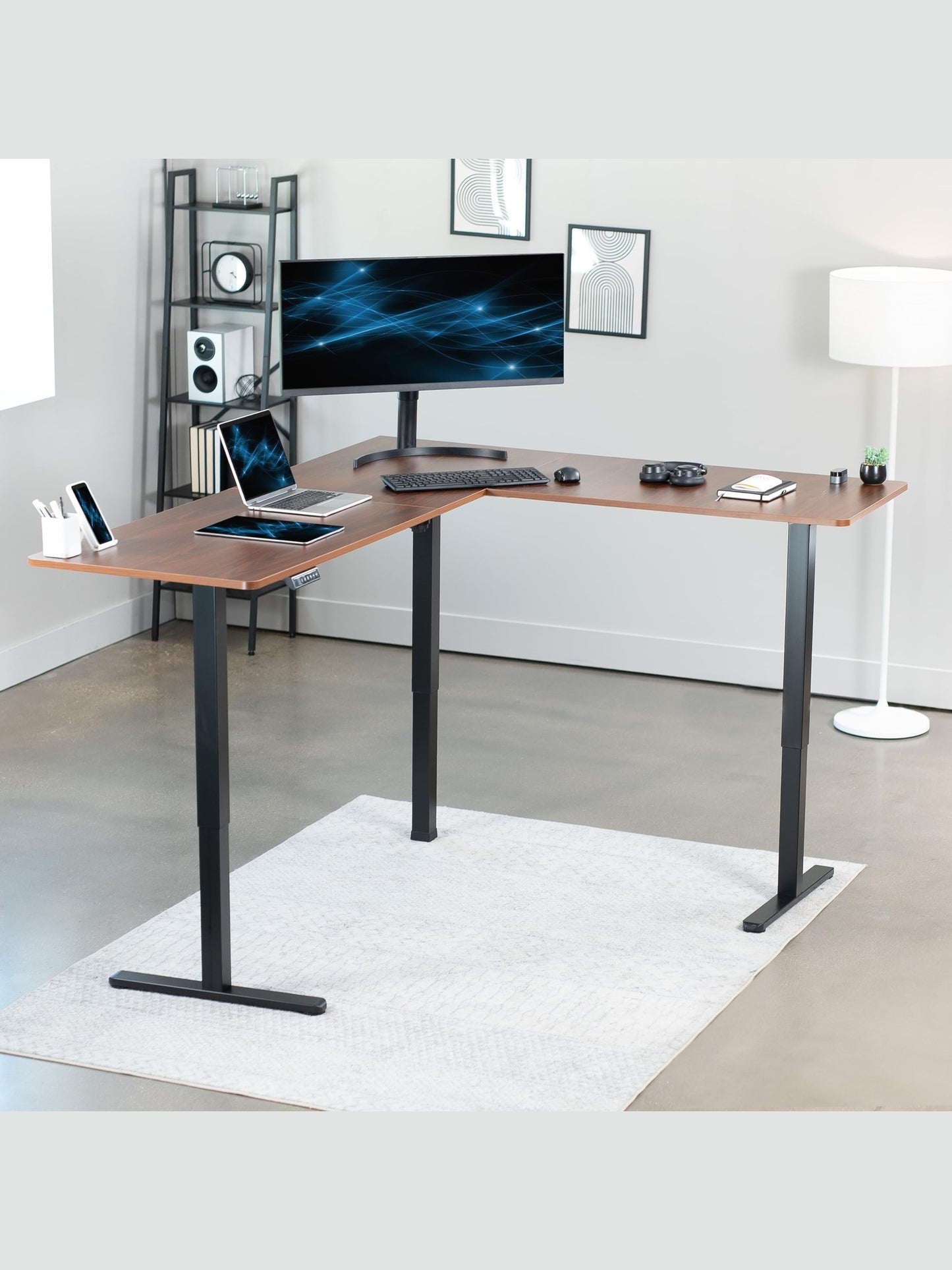 VIVO Electric Corner L-Shaped 75 x 63 inch Standing Desk, Height Adjustable, Memory Controller, Dark Walnut Top Black Frame, DESK-E3CTD-75
