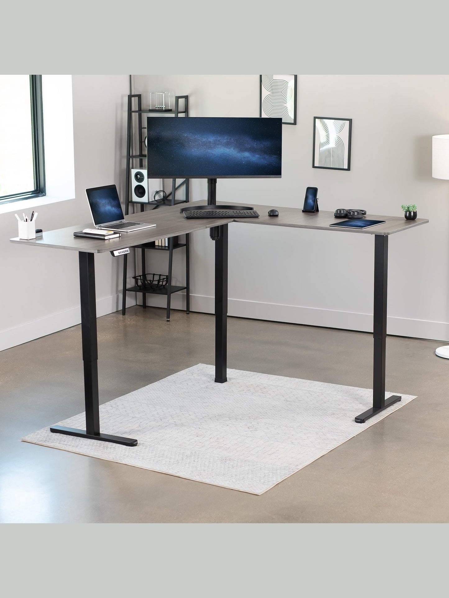 VIVO Electric Corner L-Shaped 75 x 63 inch Standing Desk, Height Adjustable, Memory Controller, Dark Gray Top Black Frame, DESK-E3CTG-75