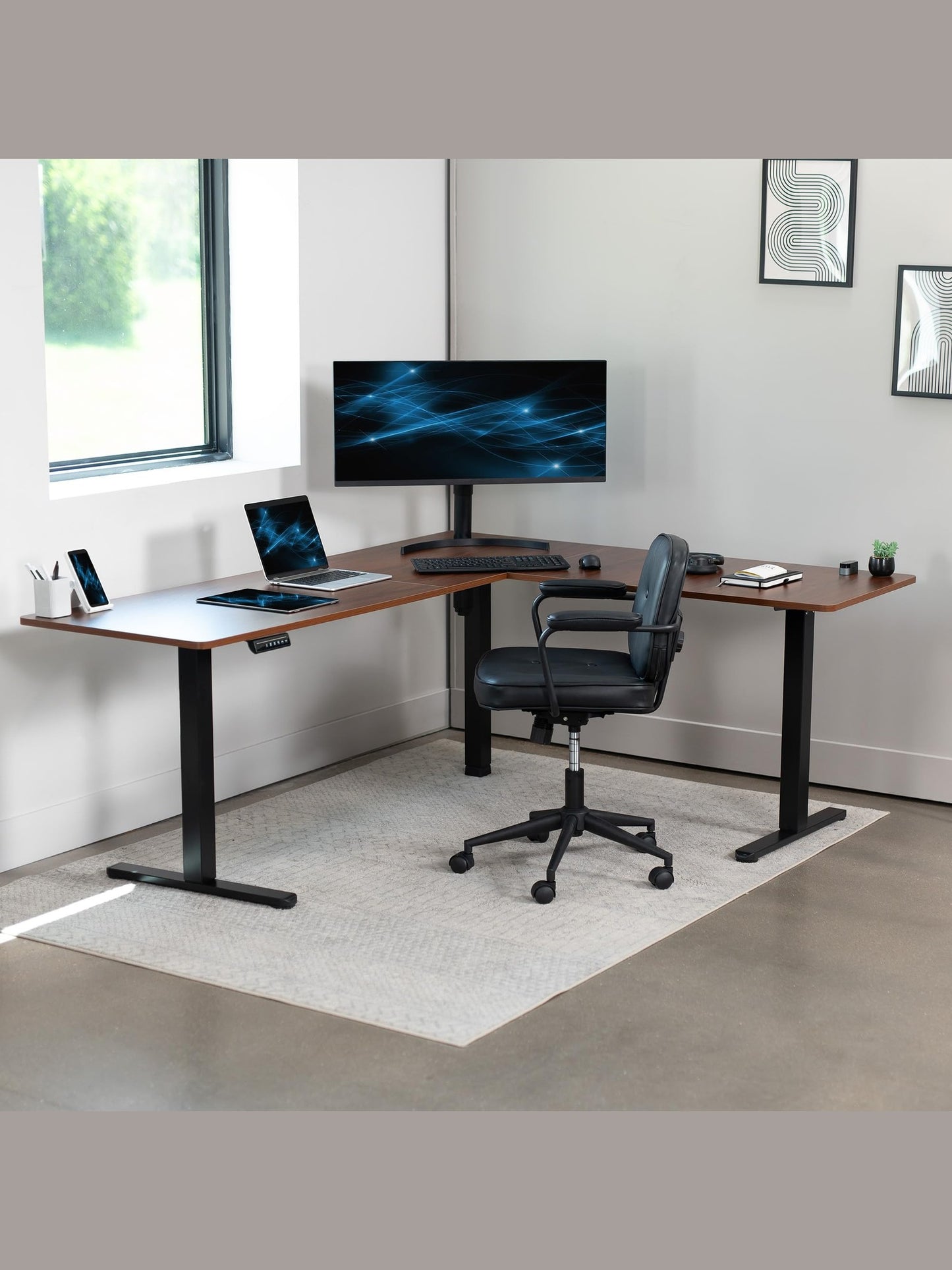 VIVO Electric Corner L-Shaped 75 x 63 inch Standing Desk, Height Adjustable, Memory Controller, Dark Walnut Top Black Frame, DESK-E3CTD-75