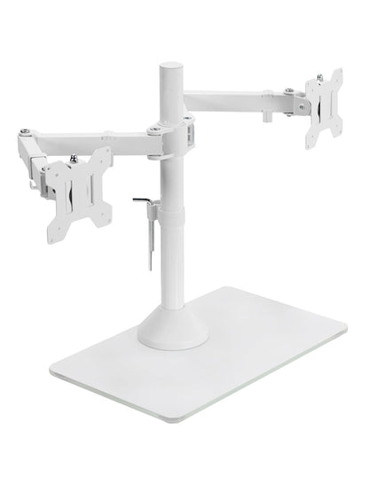 VIVO Freestanding Dual Monitor Stand with Sleek Glass Base and Adjustable Arms, Mounts 2 Screens up to 32 inch and 22 lbs Each, White, STAND-V002FGW