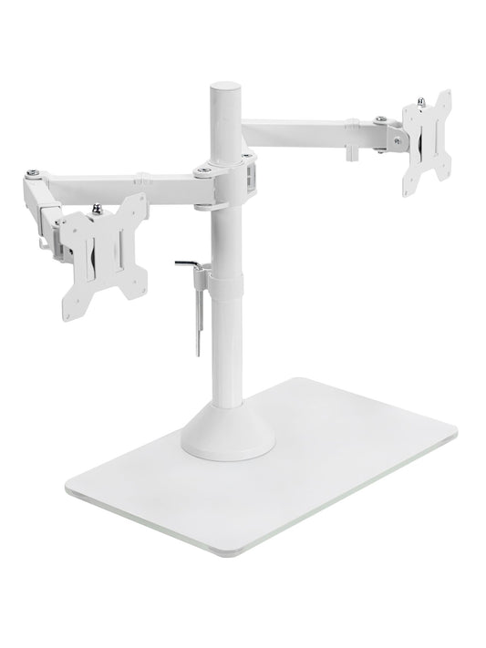 VIVO Freestanding Dual Monitor Stand with Sleek Glass Base and Adjustable Arms, Mounts 2 Screens up to 32 inch and 22 lbs Each, White, STAND-V002FGW