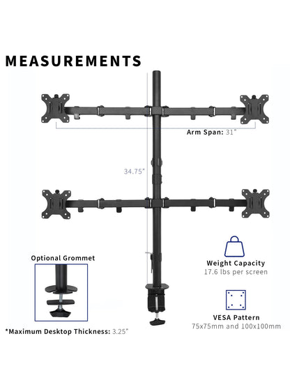 VIVO Quad 13 to 30 inch LCD Monitor Desk Mount, Fully Adjustable Stand with Tilt and Swivel, Holds 4 Screens with Max VESA 100x100, STAND-V004