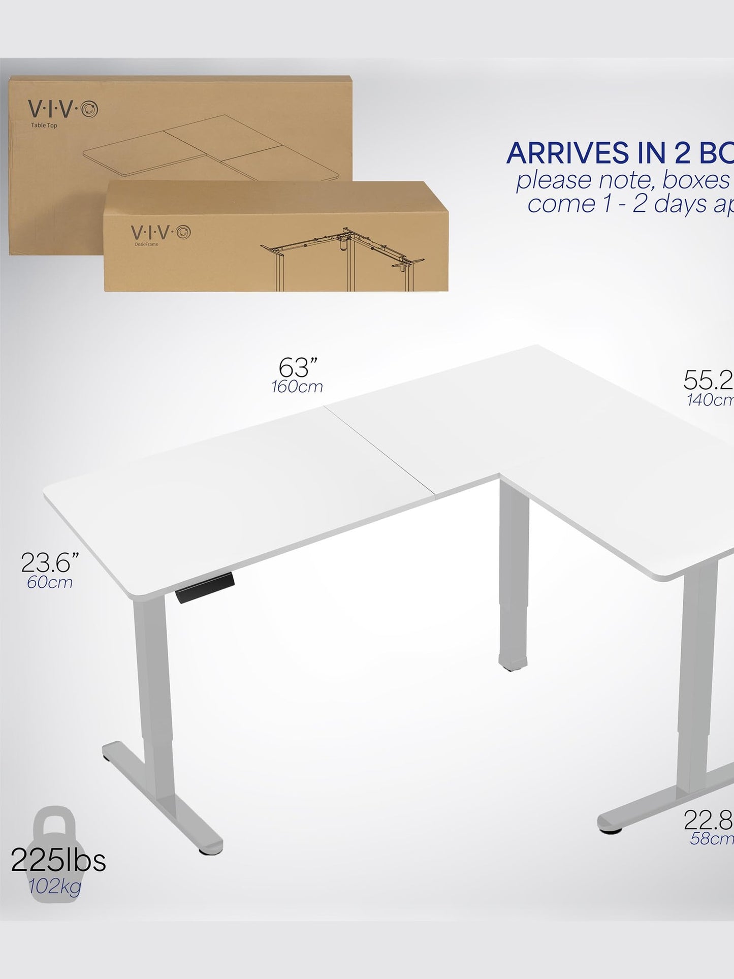 VIVO Electric Corner L-Shaped 63 x 55 inch Standing Desk, Height Adjustable, Memory Controller, White Top Gray Frame, DESK-E3CTGW