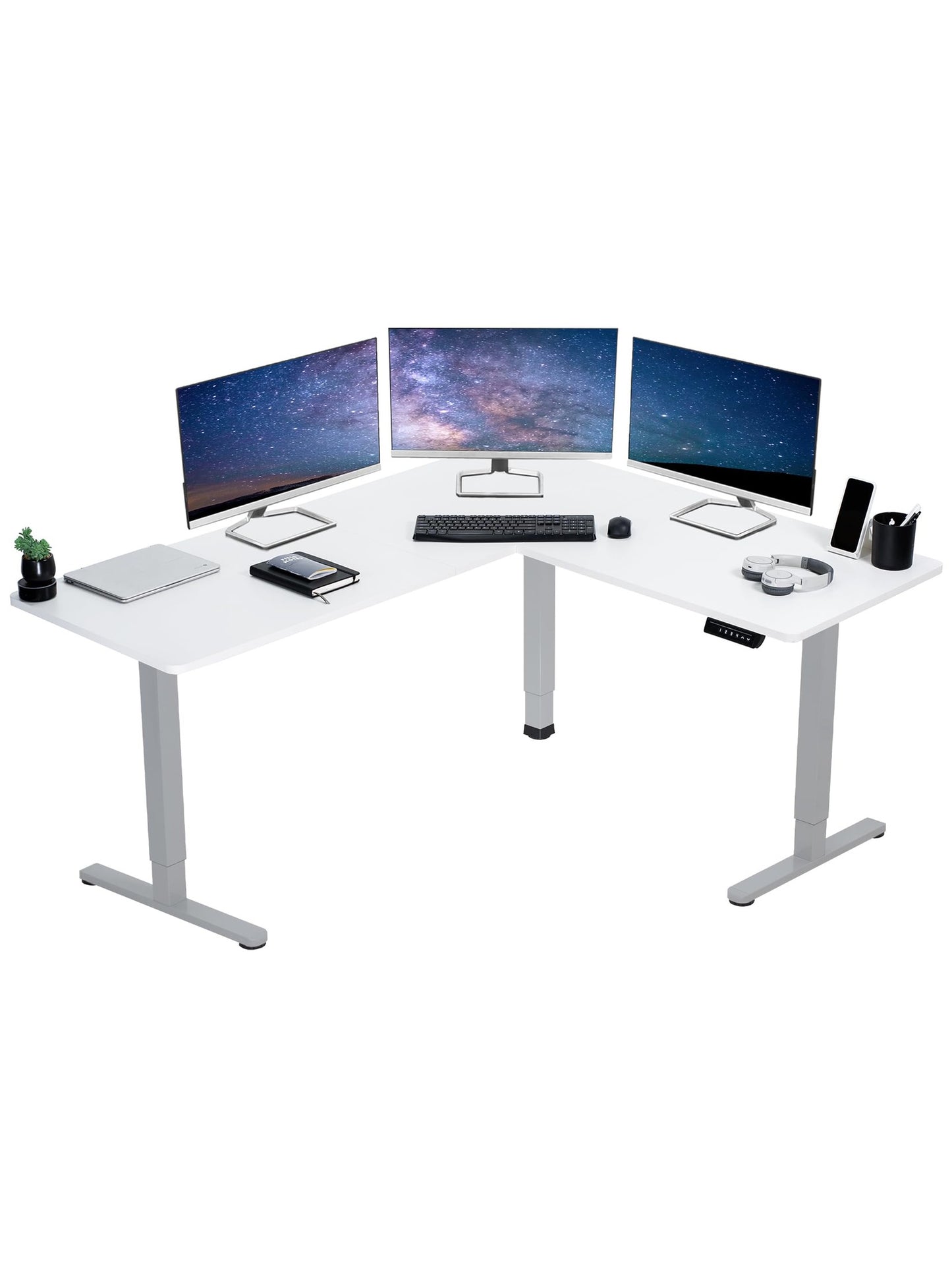 VIVO Electric Corner L-Shaped 63 x 55 inch Standing Desk, Height Adjustable, Memory Controller, White Top Gray Frame, DESK-E3CTGW