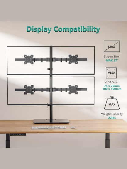 WALI Freestanding Quad Monitor Mount for 17-27 Inch Screens, Fully Adjustable 4 Monitor Stand with Swivel, Tilt, Rotation, Glass Base, Max Load 22 lbs per Arm (GMF004), Black