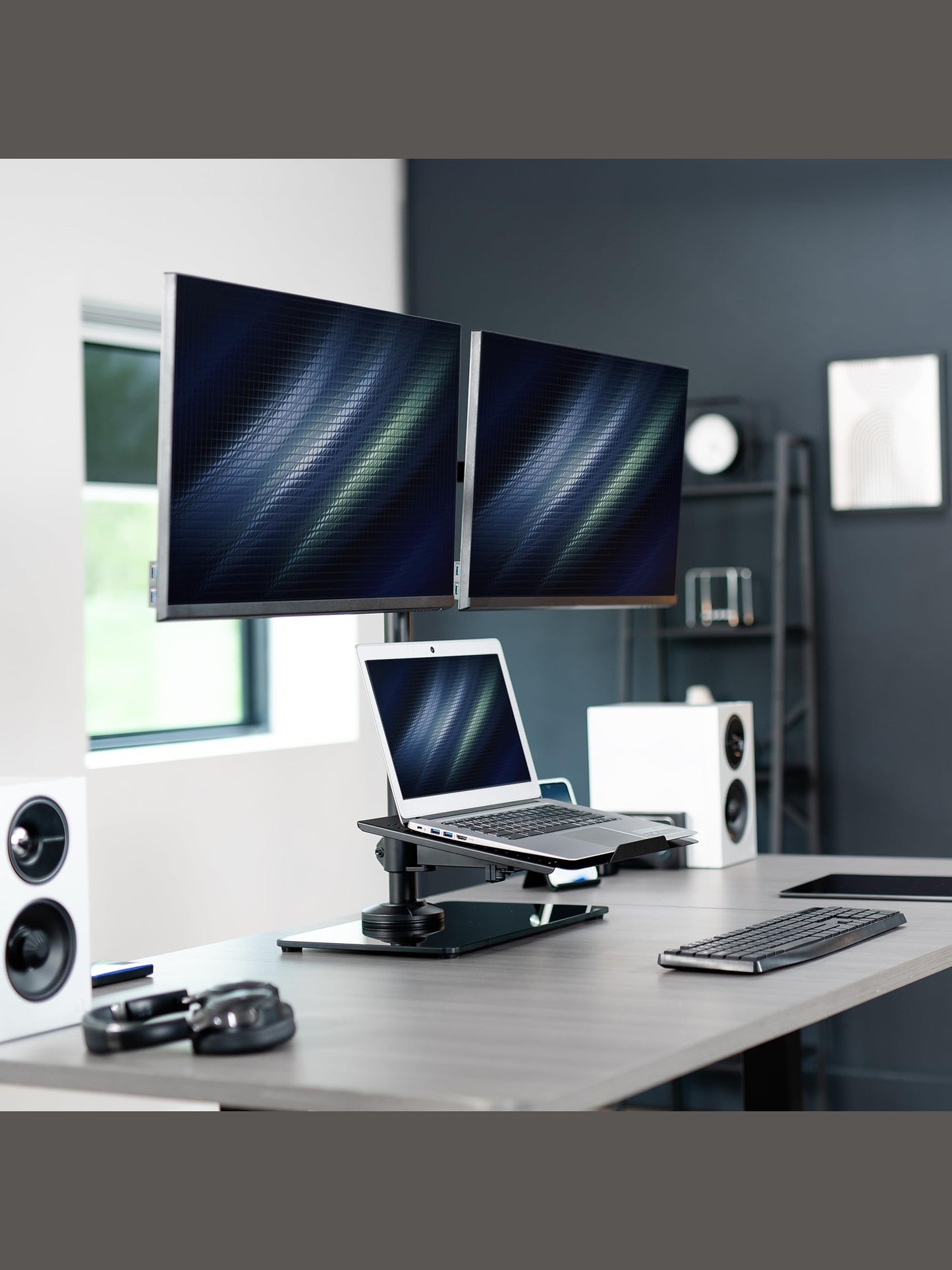 VIVO Freestanding Dual Computer Monitor and Laptop Combo Desk Stand with Glass Base, Fits up to 32 inch Monitors and 17 inch Laptops, Black, STAND-V003FGL