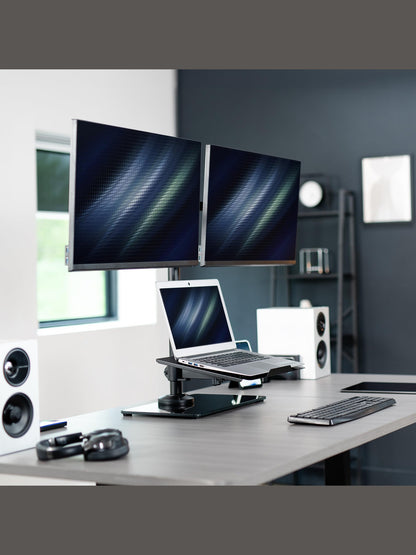 VIVO Freestanding Dual Computer Monitor and Laptop Combo Desk Stand with Glass Base, Fits up to 32 inch Monitors and 17 inch Laptops, Black, STAND-V003FGL