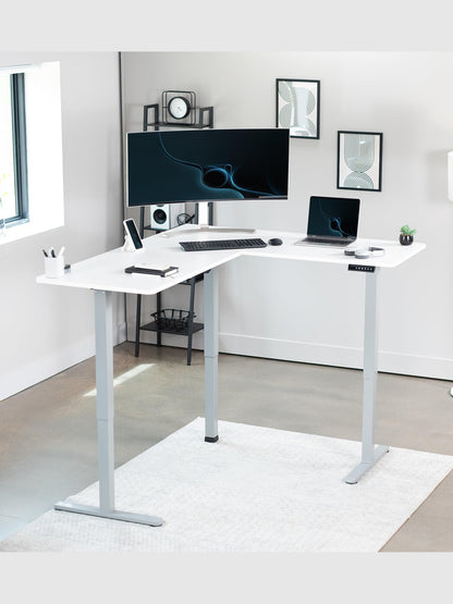 VIVO Electric Corner L-Shaped 63 x 55 inch Standing Desk, Height Adjustable, Memory Controller, White Top Gray Frame, DESK-E3CTGW