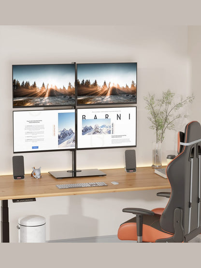 WALI Freestanding Quad Monitor Mount for 17-27 Inch Screens, Fully Adjustable 4 Monitor Stand with Swivel, Tilt, Rotation, Glass Base, Max Load 22 lbs per Arm (GMF004), Black