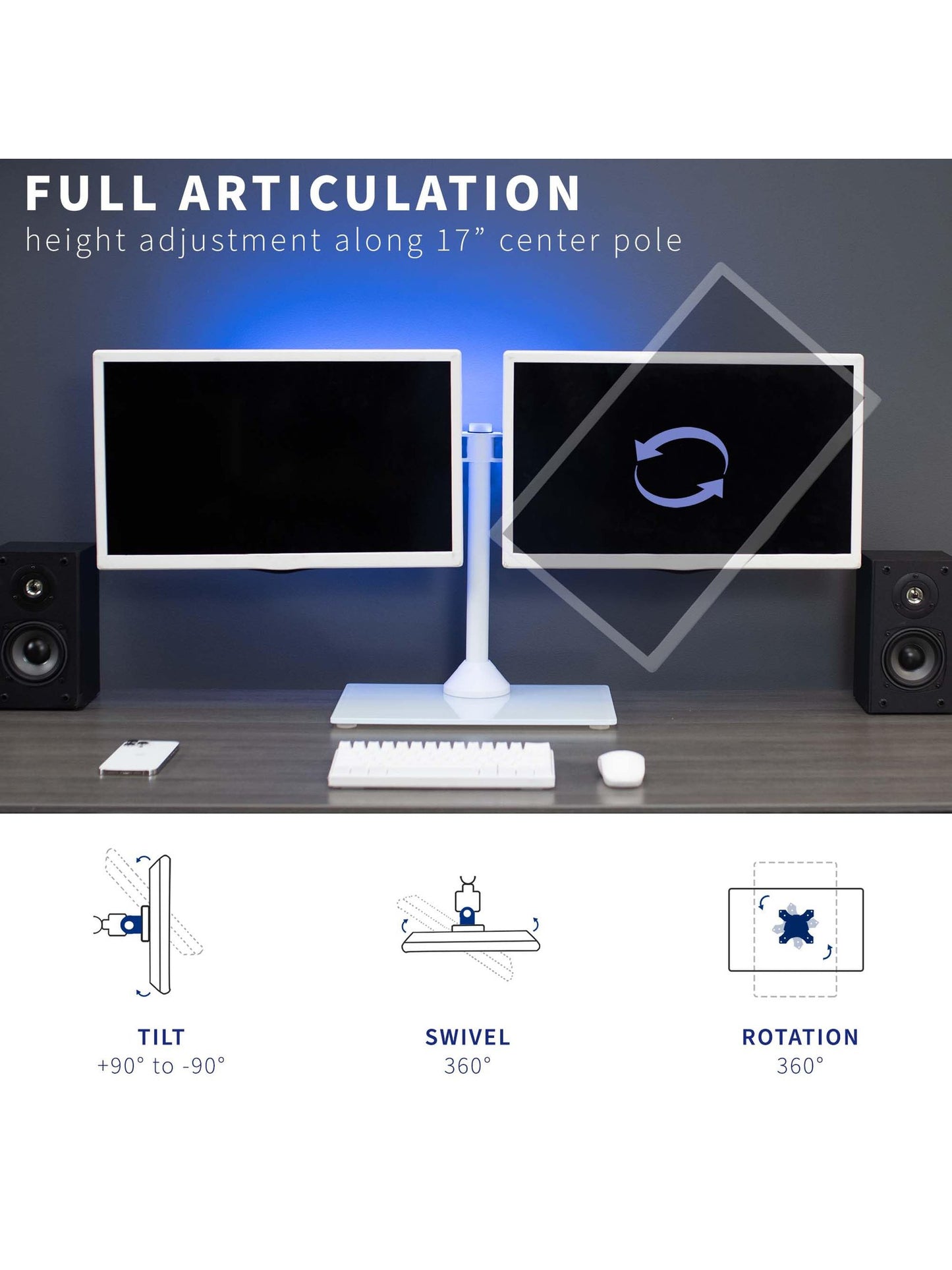 VIVO Freestanding Dual Monitor Stand with Sleek Glass Base and Adjustable Arms, Mounts 2 Screens up to 32 inch and 22 lbs Each, White, STAND-V002FGW
