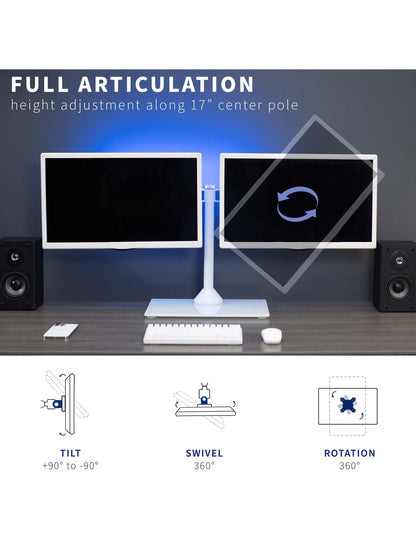VIVO Freestanding Dual Monitor Stand with Sleek Glass Base and Adjustable Arms, Mounts 2 Screens up to 32 inch and 22 lbs Each, White, STAND-V002FGW