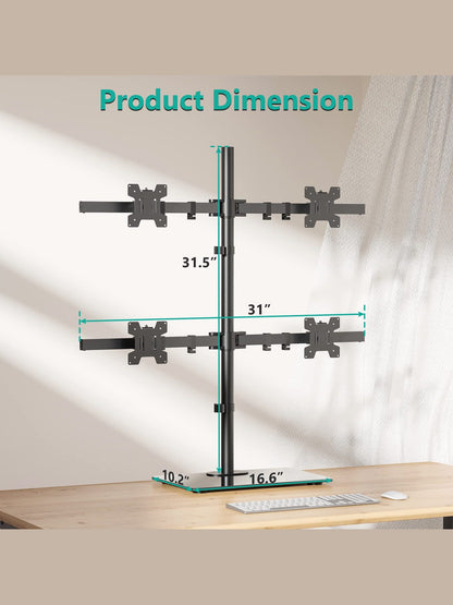 WALI Freestanding Quad Monitor Mount for 17-27 Inch Screens, Fully Adjustable 4 Monitor Stand with Swivel, Tilt, Rotation, Glass Base, Max Load 22 lbs per Arm (GMF004), Black