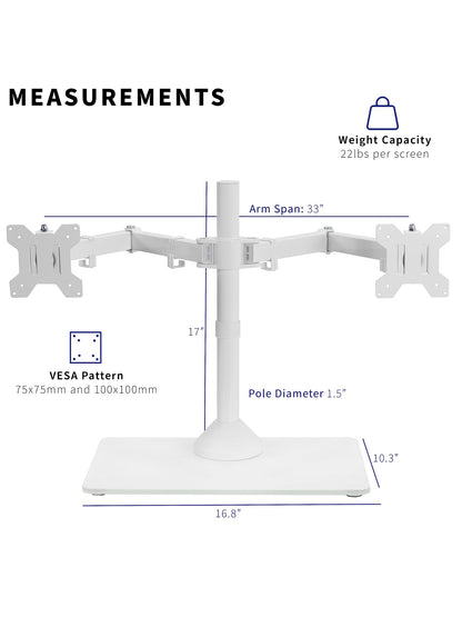 VIVO Freestanding Dual Monitor Stand with Sleek Glass Base and Adjustable Arms, Mounts 2 Screens up to 32 inch and 22 lbs Each, White, STAND-V002FGW