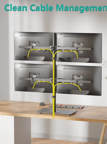 WALI Freestanding Quad Monitor Mount for 17-27 Inch Screens, Fully Adjustable 4 Monitor Stand with Swivel, Tilt, Rotation, Glass Base, Max Load 22 lbs per Arm (GMF004), Black