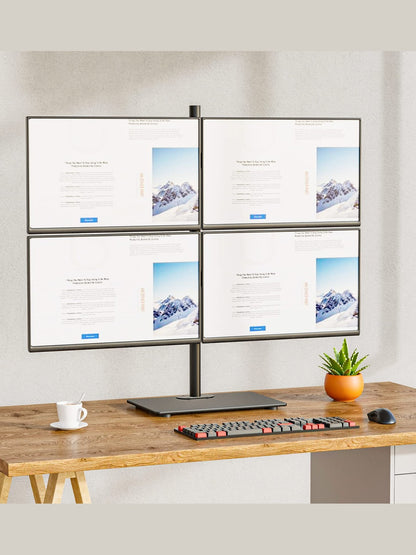 WALI Freestanding Quad Monitor Mount for 17-27 Inch Screens, Fully Adjustable 4 Monitor Stand with Swivel, Tilt, Rotation, Glass Base, Max Load 22 lbs per Arm (GMF004), Black
