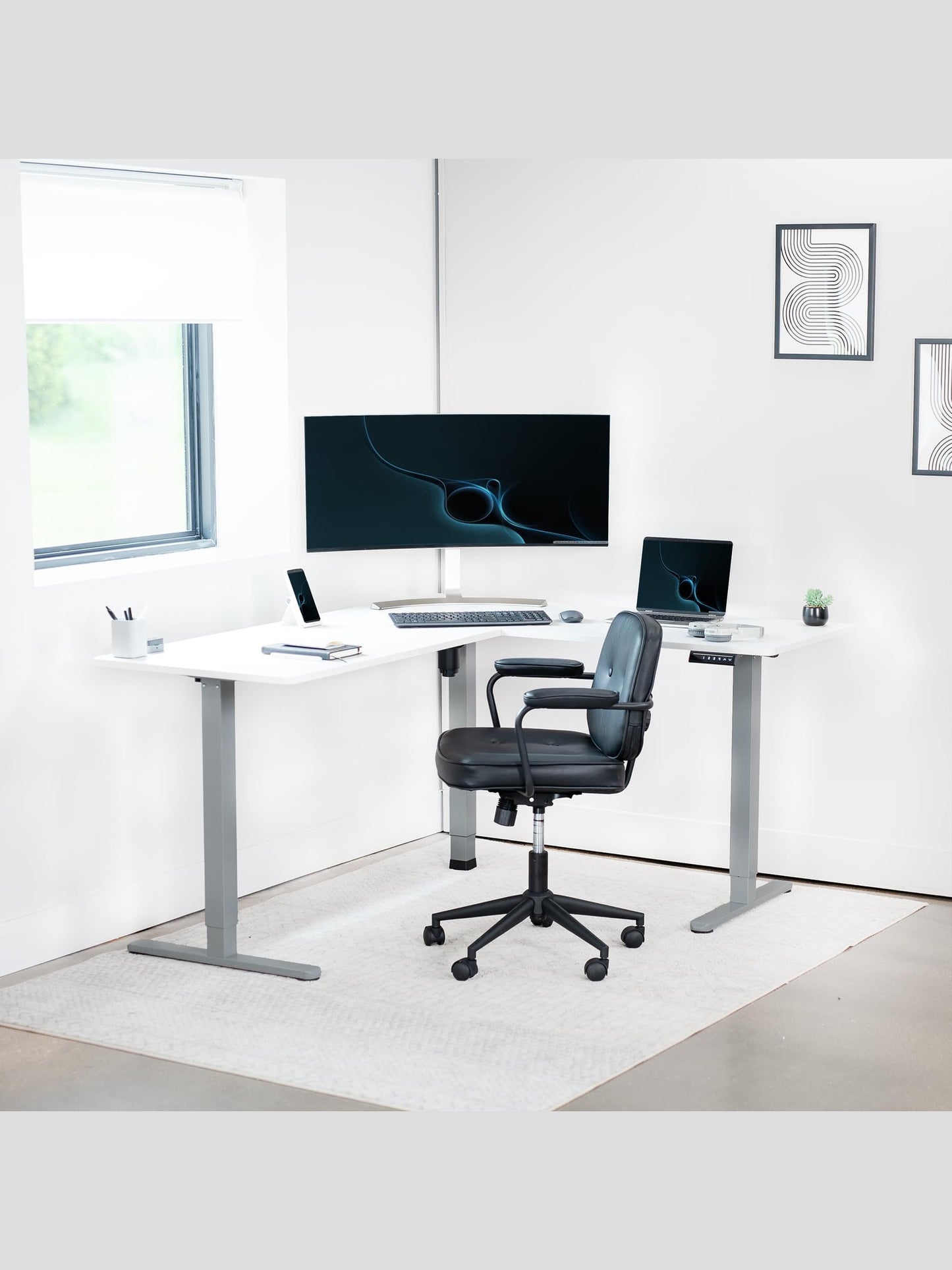 VIVO Electric Corner L-Shaped 63 x 55 inch Standing Desk, Height Adjustable, Memory Controller, White Top Gray Frame, DESK-E3CTGW