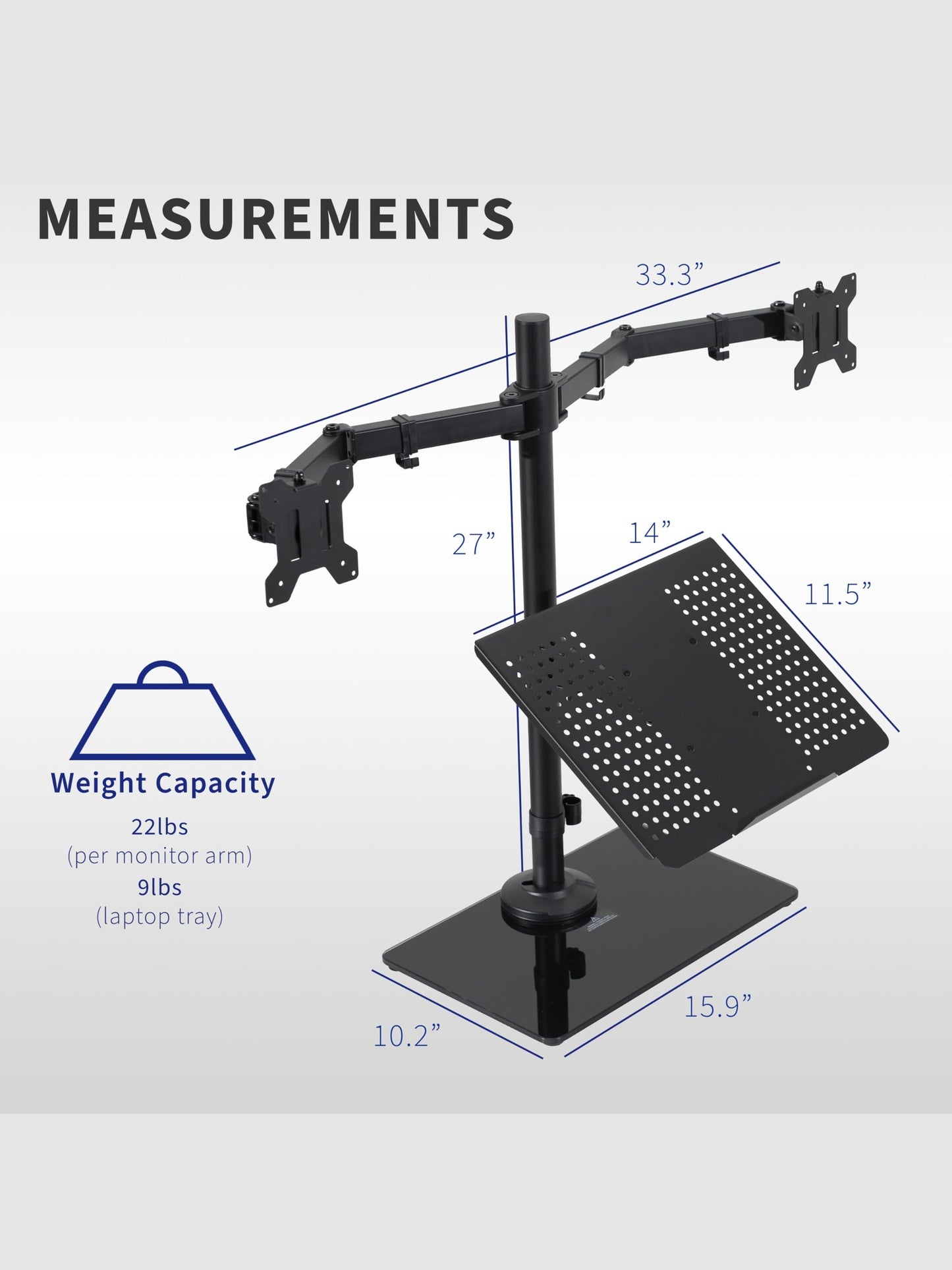 VIVO Freestanding Dual Computer Monitor and Laptop Combo Desk Stand with Glass Base, Fits up to 32 inch Monitors and 17 inch Laptops, Black, STAND-V003FGL