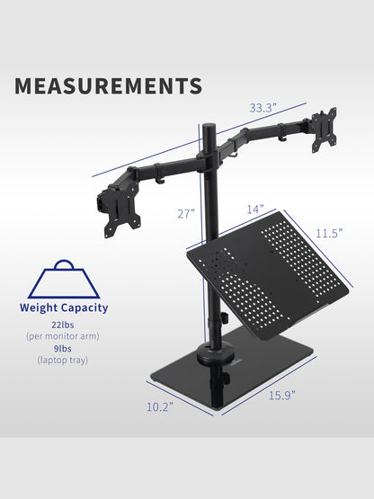 VIVO Freestanding Dual Computer Monitor and Laptop Combo Desk Stand with Glass Base, Fits up to 32 inch Monitors and 17 inch Laptops, Black, STAND-V003FGL