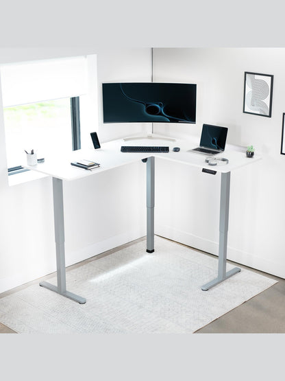 VIVO Electric Corner L-Shaped 63 x 55 inch Standing Desk, Height Adjustable, Memory Controller, White Top Gray Frame, DESK-E3CTGW