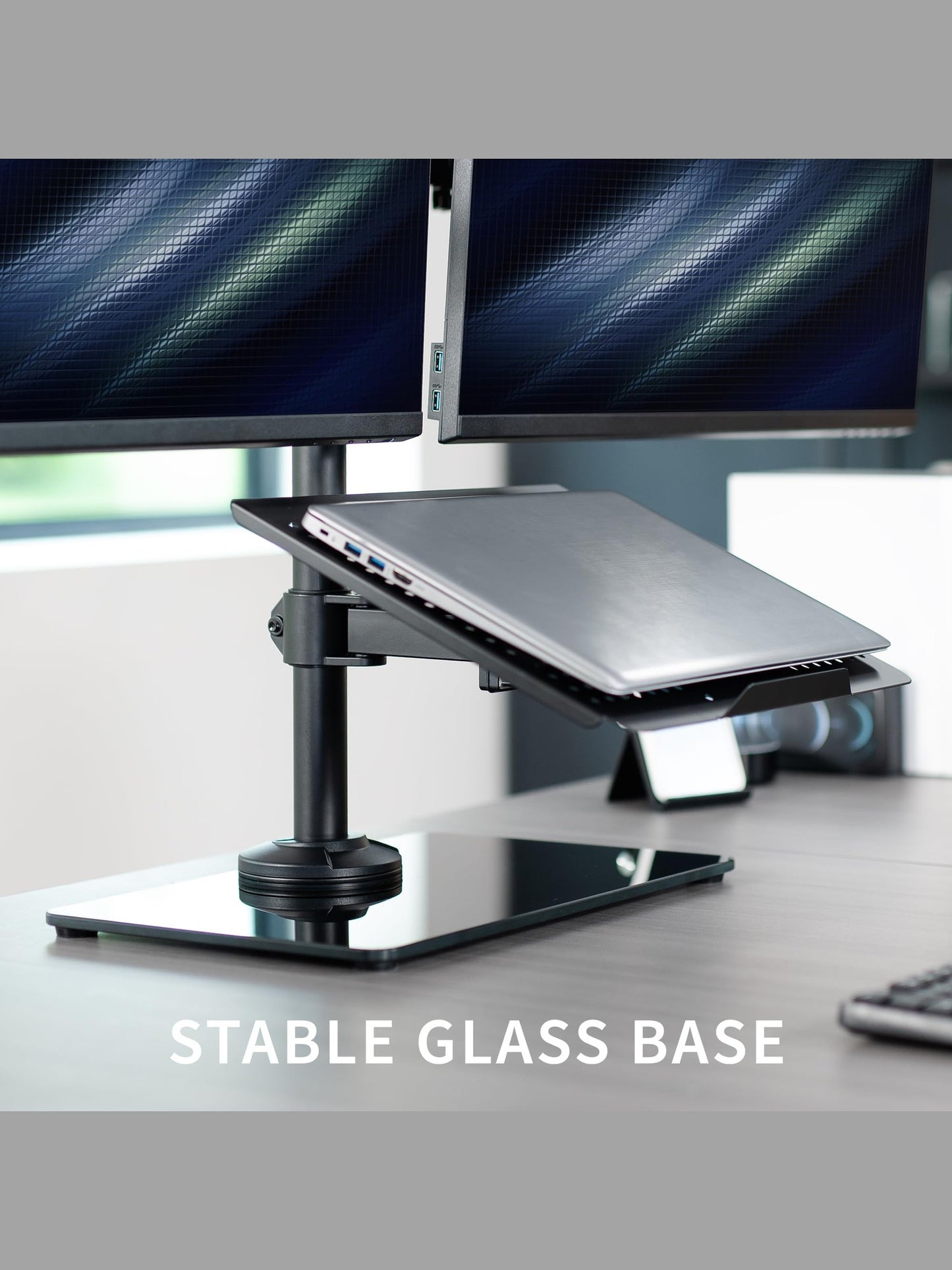 VIVO Freestanding Dual Computer Monitor and Laptop Combo Desk Stand with Glass Base, Fits up to 32 inch Monitors and 17 inch Laptops, Black, STAND-V003FGL