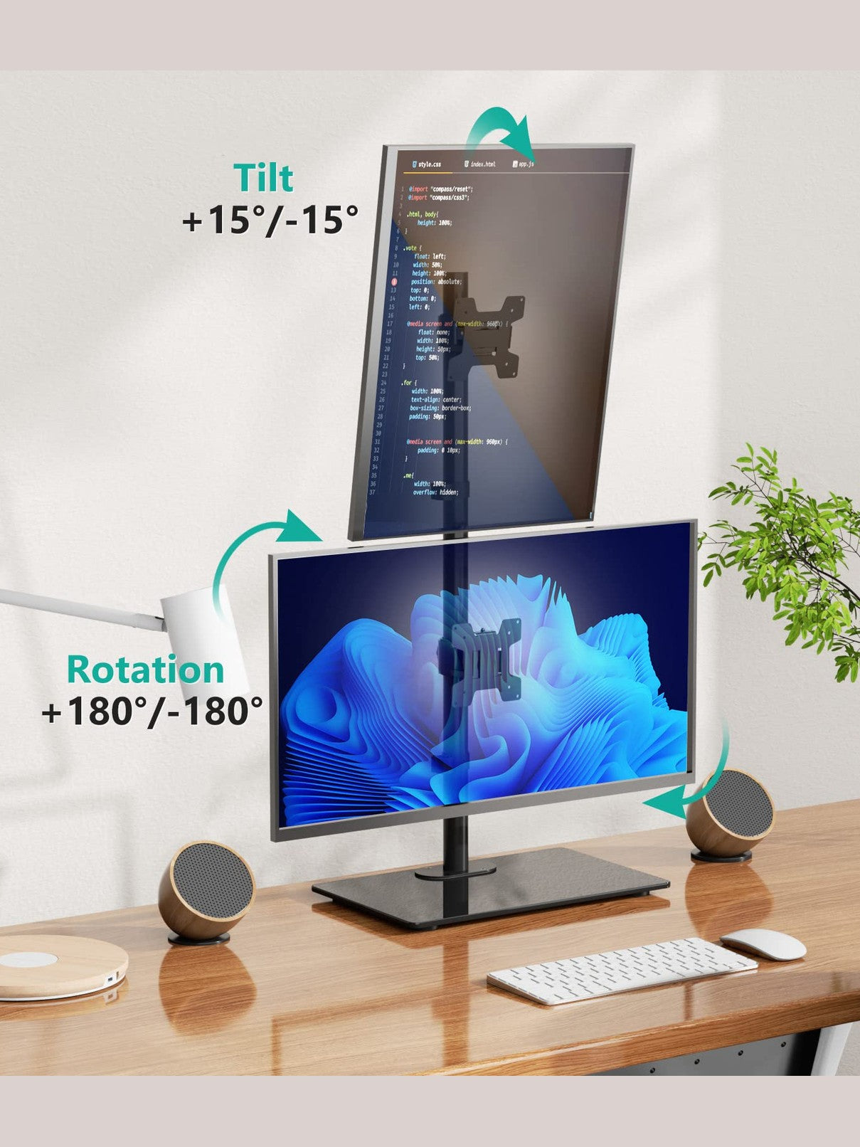 WALI Vertical Dual Monitor Stand, Stack Monitor Mount for 2 Screens Up to 27 Inch,Free-Standing Monitor Riser Desk Mount with Swivel, Tilt, Height Adjustable(GMF002S)
