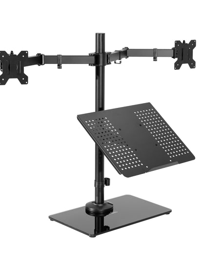VIVO Freestanding Dual Computer Monitor and Laptop Combo Desk Stand with Glass Base, Fits up to 32 inch Monitors and 17 inch Laptops, Black, STAND-V003FGL