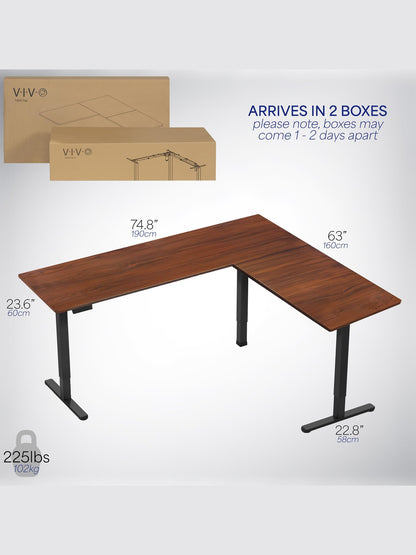 VIVO Electric Corner L-Shaped 75 x 63 inch Standing Desk, Height Adjustable, Memory Controller, Dark Walnut Top Black Frame, DESK-E3CTD-75