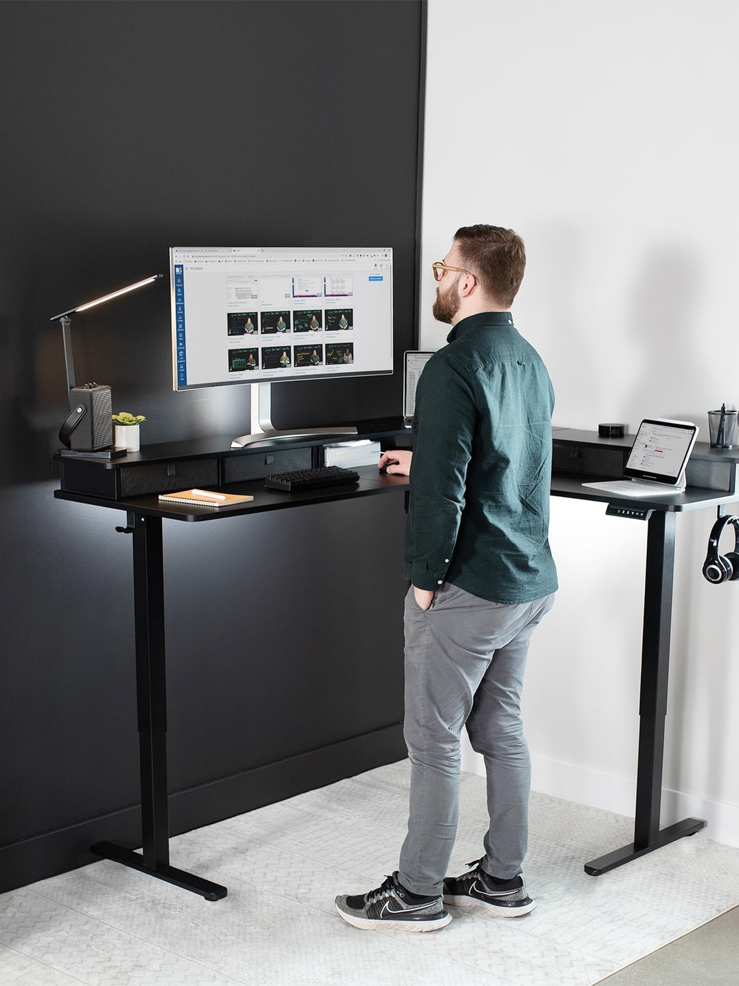 VIVO Electric 2-Tier Corner L-Shaped 63 x 55 inch Standing Desk, Height Adjustable, Memory Controller, Black Top Black Frame, Dark Gray Drawers, DESK-E3CVB