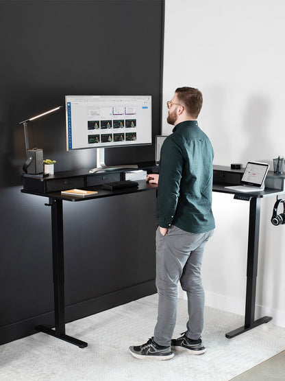 VIVO Electric 2-Tier Corner L-Shaped 63 x 55 inch Standing Desk, Height Adjustable, Memory Controller, Black Top Black Frame, Dark Gray Drawers, DESK-E3CVB