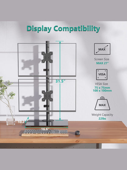 WALI Vertical Dual Monitor Stand, Stack Monitor Mount for 2 Screens Up to 27 Inch,Free-Standing Monitor Riser Desk Mount with Swivel, Tilt, Height Adjustable(GMF002S)