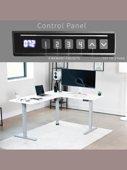 VIVO Electric Corner L-Shaped 63 x 55 inch Standing Desk, Height Adjustable, Memory Controller, White Top Gray Frame, DESK-E3CTGW